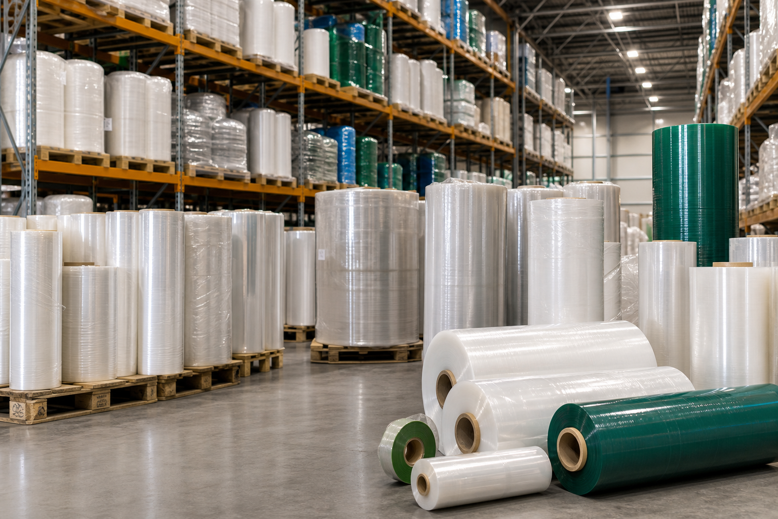 Almacén industrial con bobinas de film plástico y palets protegidos