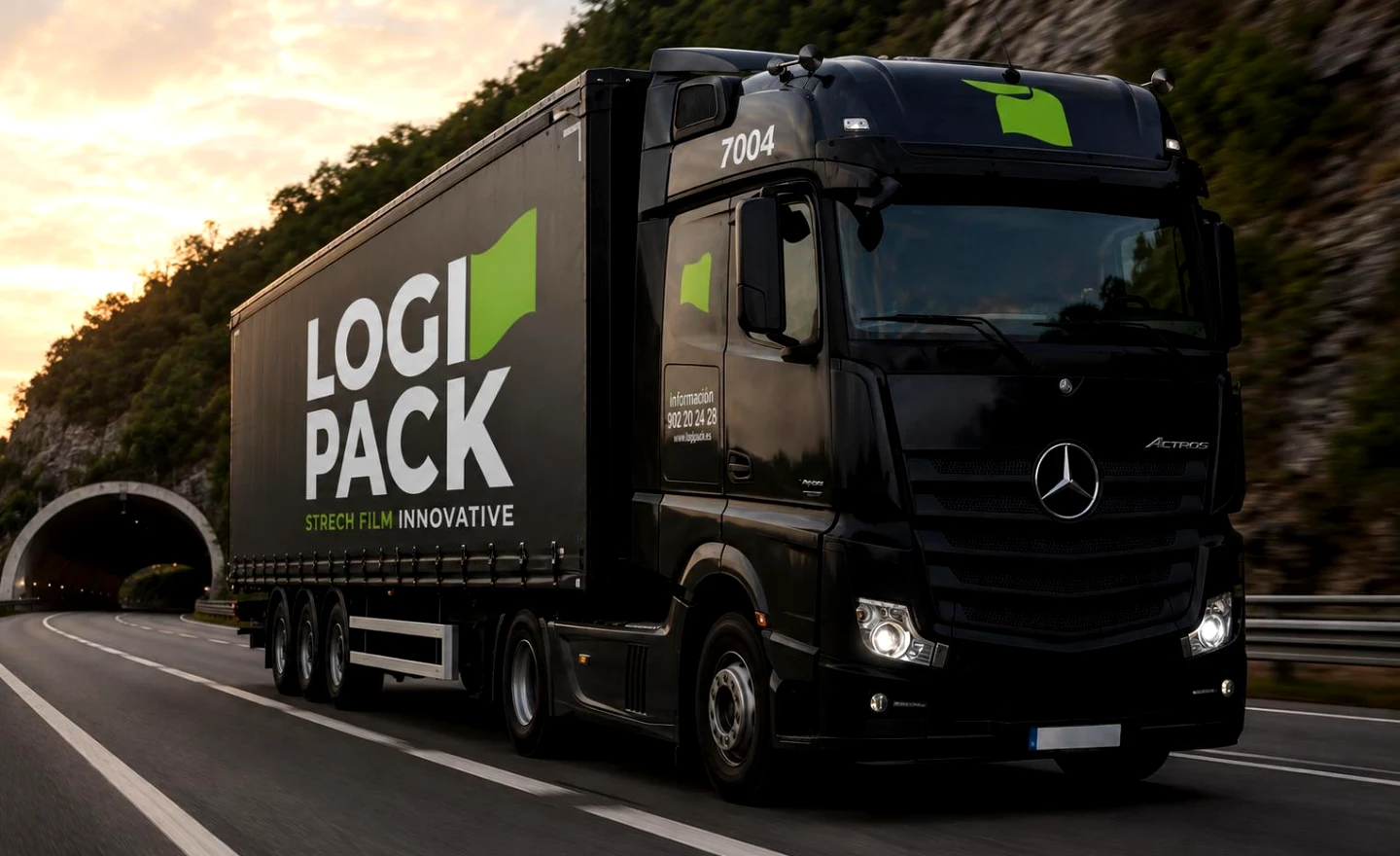 Camión corporativo Logipack en ruta de transporte