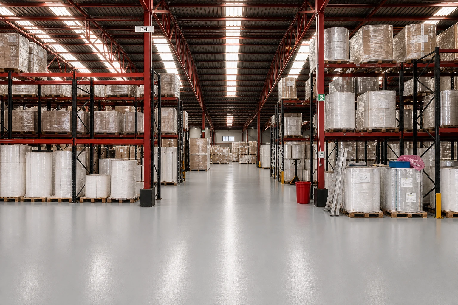 Pasillo central del almacén de Logipack con palets de embalaje industrial